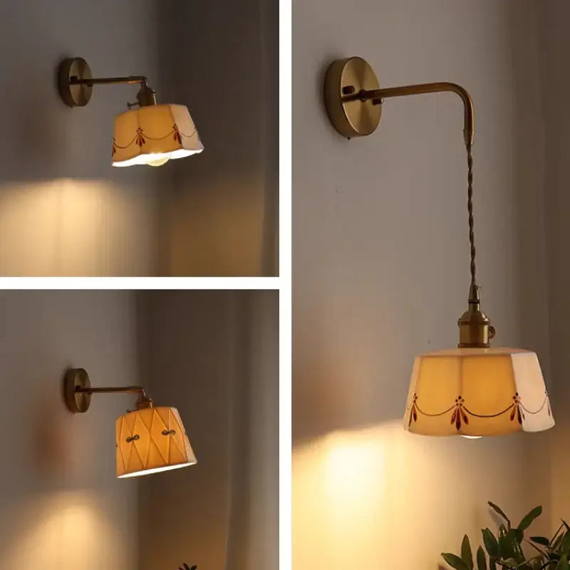 Antique brass led wall light with ceramic base and cream patterned fabric shade for bedroom use