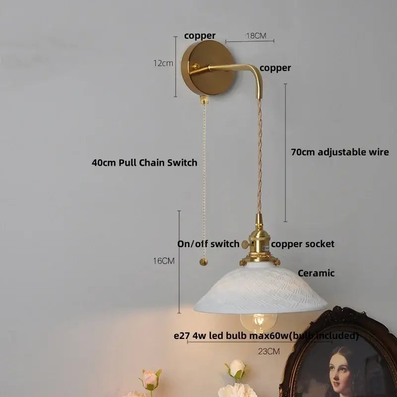Vintage-style ceramic brass led wall light with white shade and adjustable 70cm wire for bedroom use