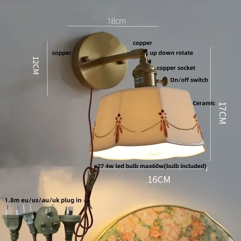 Copper-finished wall light with ceramic brass led floral embroidered shade for bedroom ceramic sconce with switch