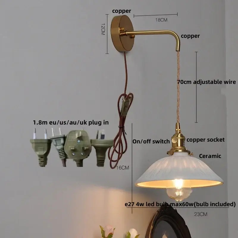A vintage-style floral white ceramic brass led wall light with curved arm and adjustable wire for bedroom use
