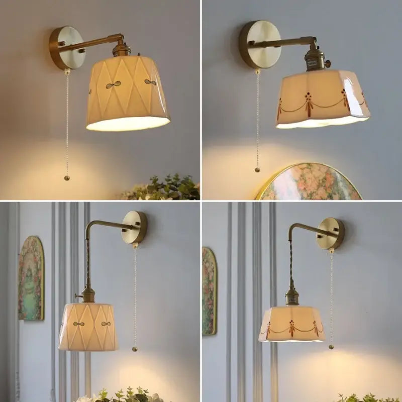Antique brass led wall light with cream ceramic shade featuring delicate embroidered patterns and a built-in switch