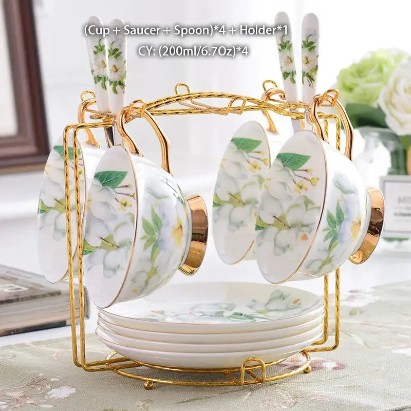 White porcelain teacups with green and yellow floral patterns gold rims and spoons for decorbites camellia bone china tea set