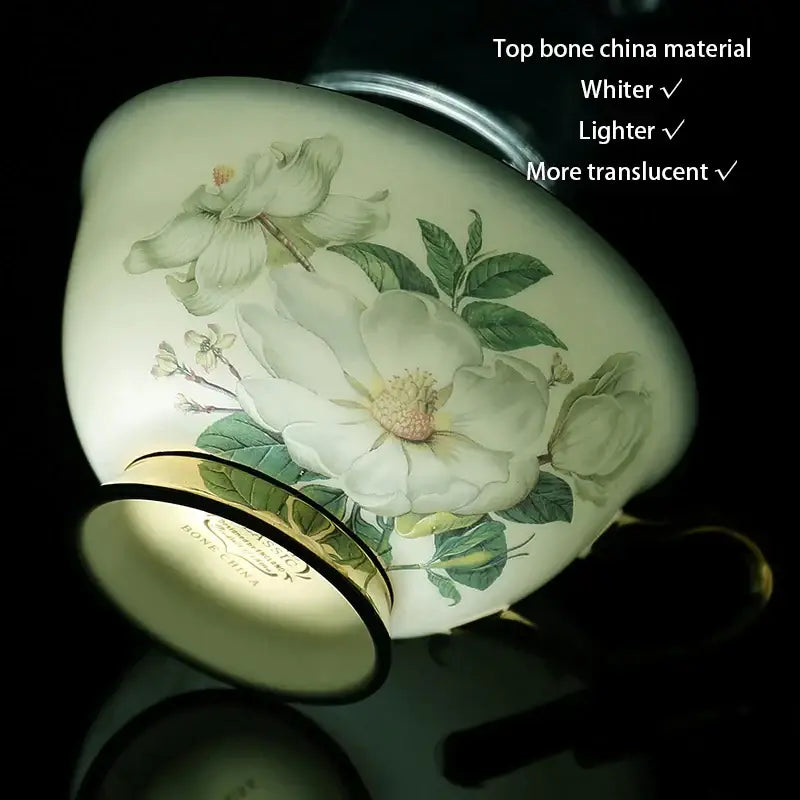 Elegant white bone china teacup with hand-painted magnolia blossoms and gold rim from decorbites camellia bone set