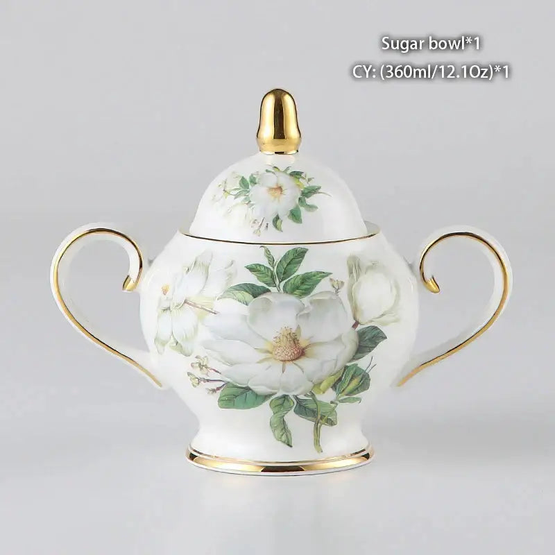 White porcelain sugar bowl with hand-painted white rose and gold trim from decorbites camellia bone china tea set