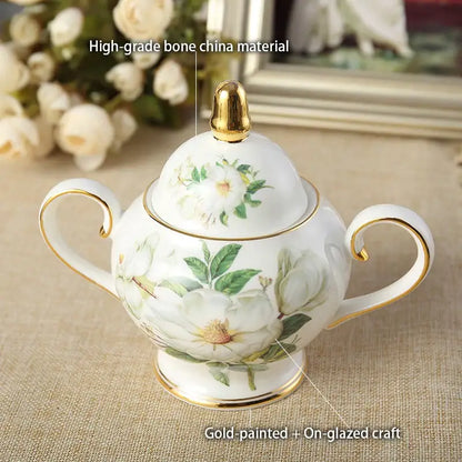 White porcelain sugar bowl with gold-trimmed handles and floral patterns from decorbites camellia bone china tea set
