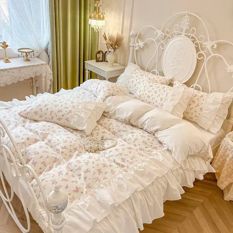 White floral cotton bedding set with satin-like fabric and delicate pink blossoms featuring pleat lace ruffles