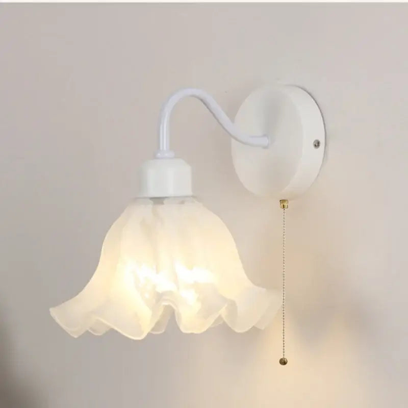 White wall sconce with frosted floral glass shade and curved iron arm decorbites glass iron led wall sconce for bedroom