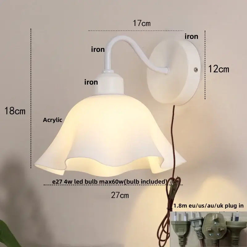 Floral white glass iron led wall sconce with soft translucent acrylic lampshade and pull chain for bedroom decorbites glass iron