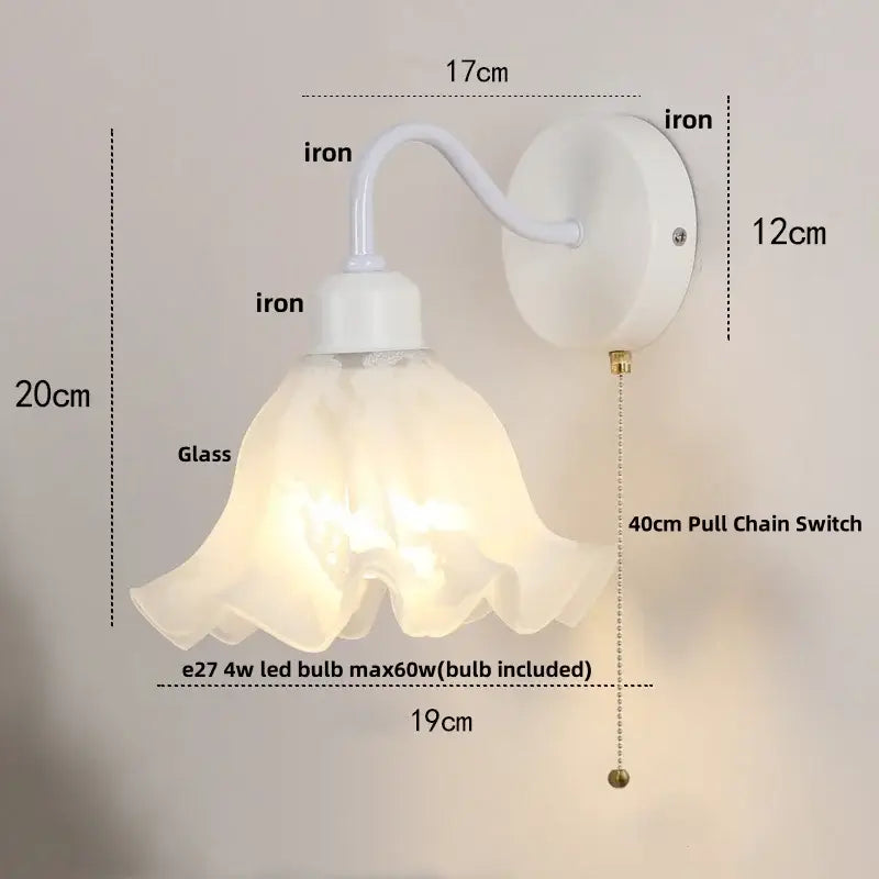 White iron wall sconce with translucent ruffled glass shade and 40cm pull chain switch for stair lighting