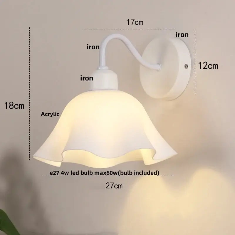 Floral white glass wall sconce with white acrylic lampshade curved iron arm and pull chain switch for stair lighting