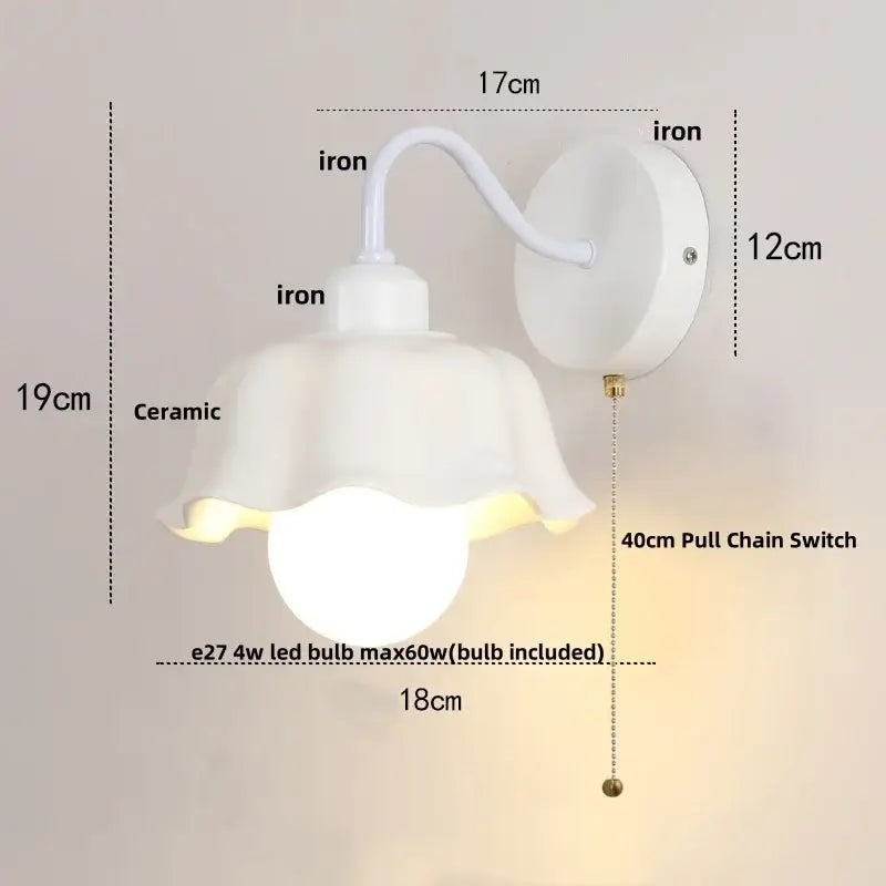 Floral white glass wall sconce with white ceramic fluted shade and iron bracket featuring a pull chain switch wall sconce