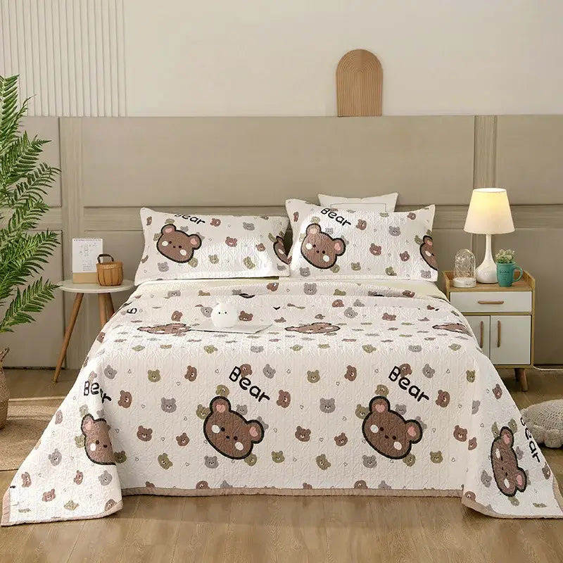 White quilted cotton double bedspread set with playful brown and gray bear pattern for bedroom decorbites decor
