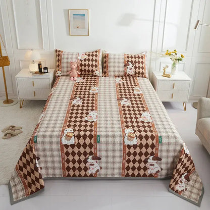 Brown and beige plaid quilted bedspread with cartoon dog patterns in decorbites cotton double bedspread set for bedroom decor