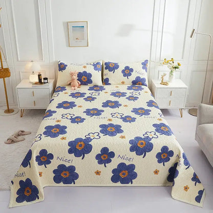 Cream-colored quilted decorbites cotton double bedspread set with embroidered blue and orange flowers and nice text