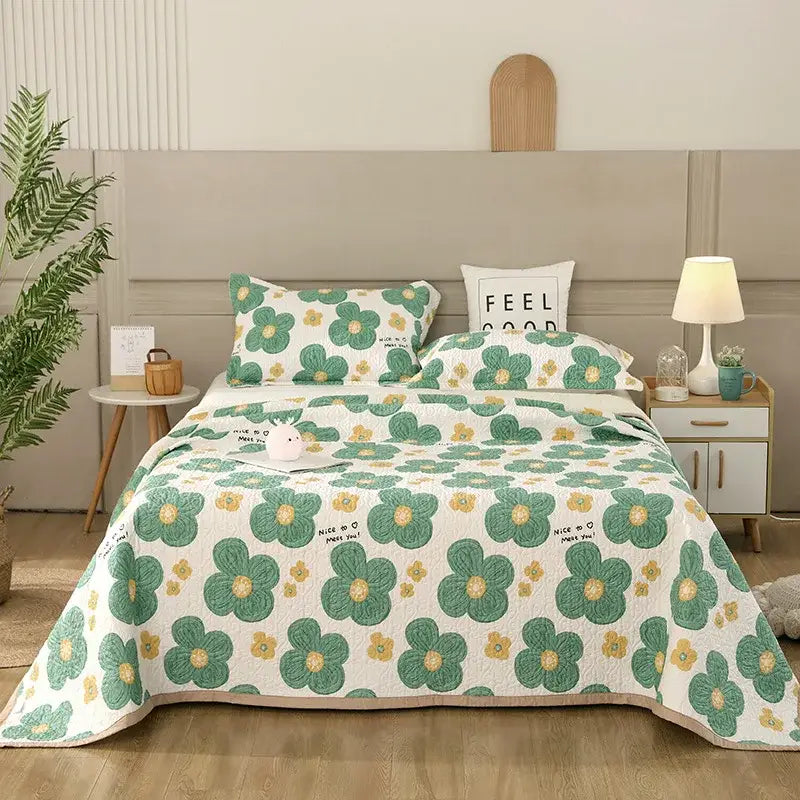 White quilt bedspread set with green and yellow floral patterns embroidered decorbites cotton double bedspread