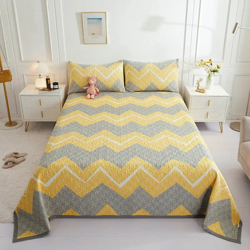 Yellow and gray chevron-patterned cotton double bedspread set with white stitching for bedroom decorbites decor