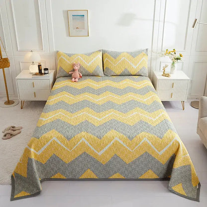 Yellow and gray chevron-patterned cotton double bedspread set with white stitching for bedroom decorbites decor