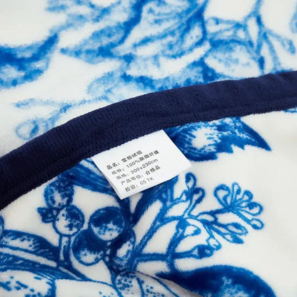 Floral white and navy cozy flannel plush blanket with blue floral pattern and navy border for bedroom decorbites cozy flannel