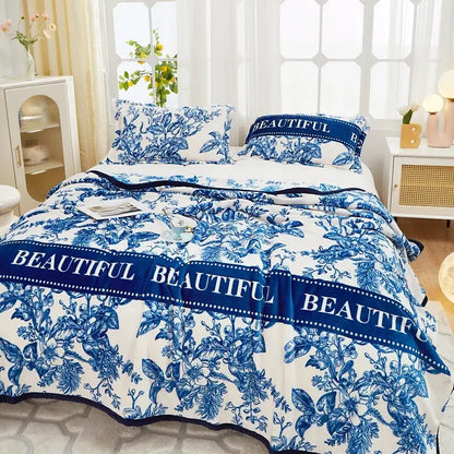 Blue and white floral patterned decorbites cozy flannel plush blanket with beautiful text bands bedroom throw