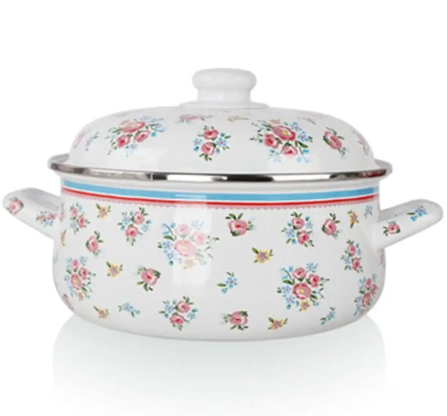 Floral white and pink enamel ceramics soup saucepan with matching lid and side handles for kitchen use