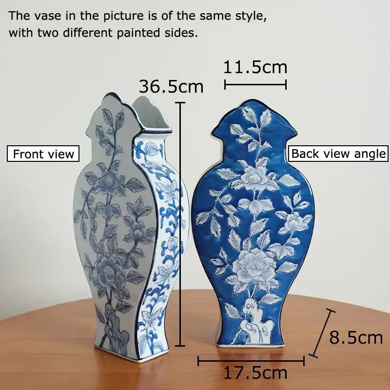 Floral yellow and white porcelain vase with blue and white floral pattern and elegant curved silhouette for living room decor