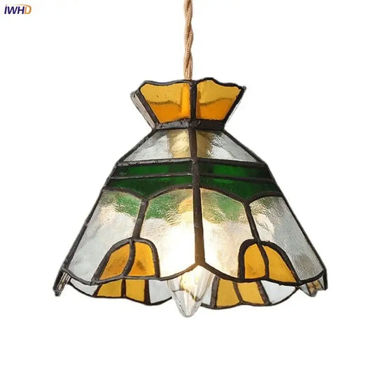 Floral yellow and green stained glass brass pendant lamp with bell-shaped shade for kitchen decorbites glass brass