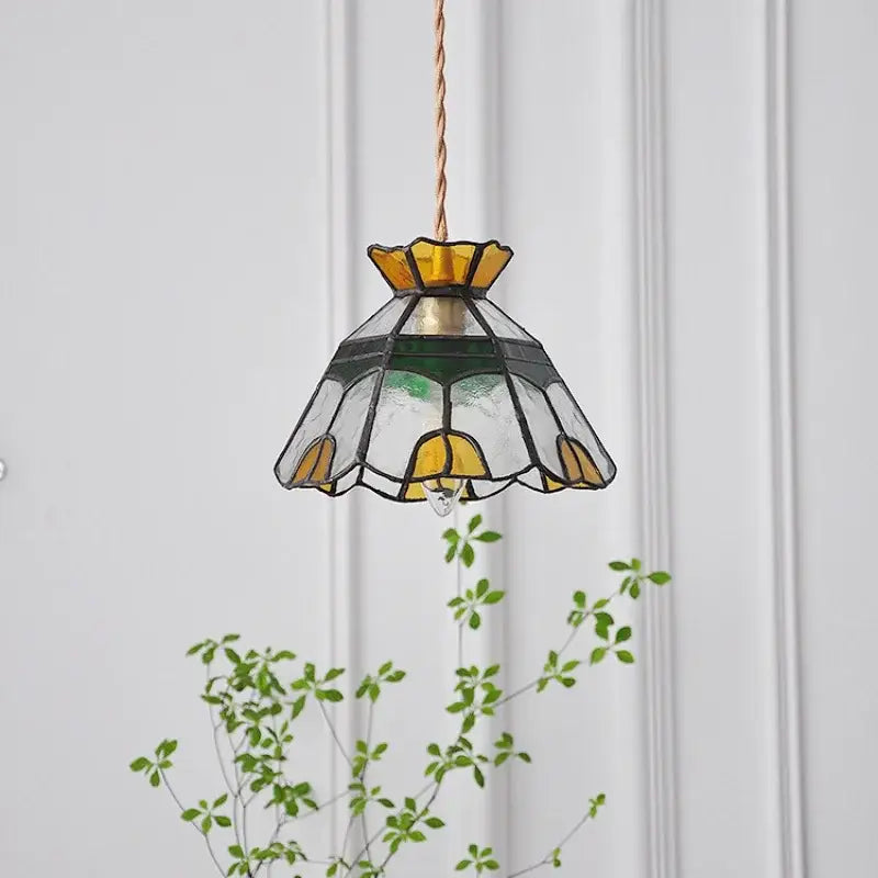 Floral yellow and green glass brass pendant lamp with tiffany-style stained glass shade for kitchen decorbites glass brass