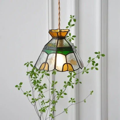 Floral yellow and green vintage-style glass brass pendant lamp with amber tiered shade for kitchen decorbites glass brass pendant