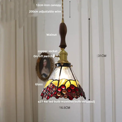 Vintage-style floral yellow and green glass brass pendant lamp with walnut iron canopy and copper socket by decorbites glass brass