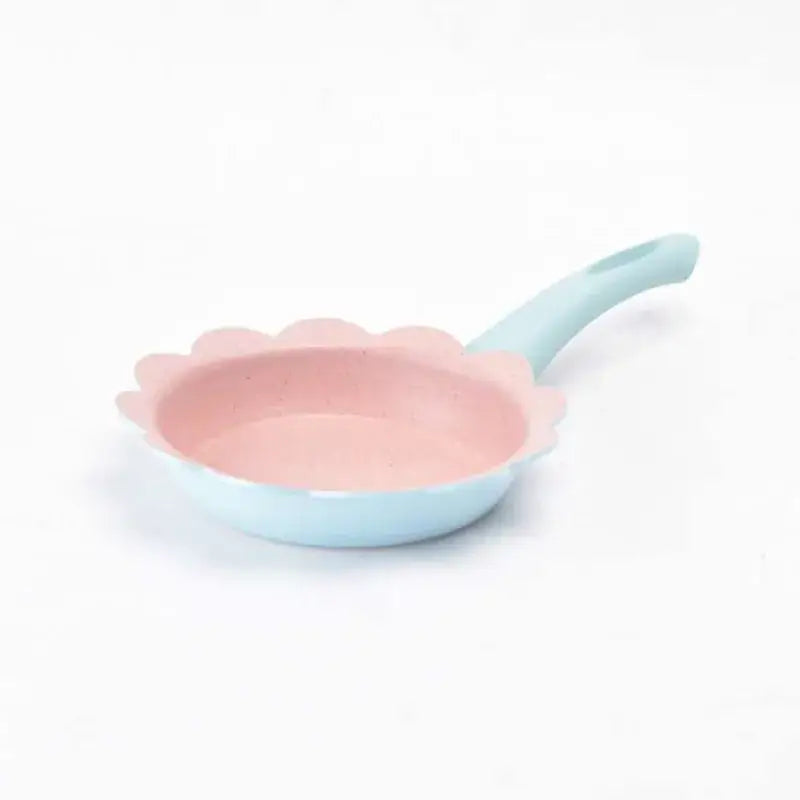 Pastel blue and pink flower shaped baby food pot with scalloped edge for kitchen cookware set