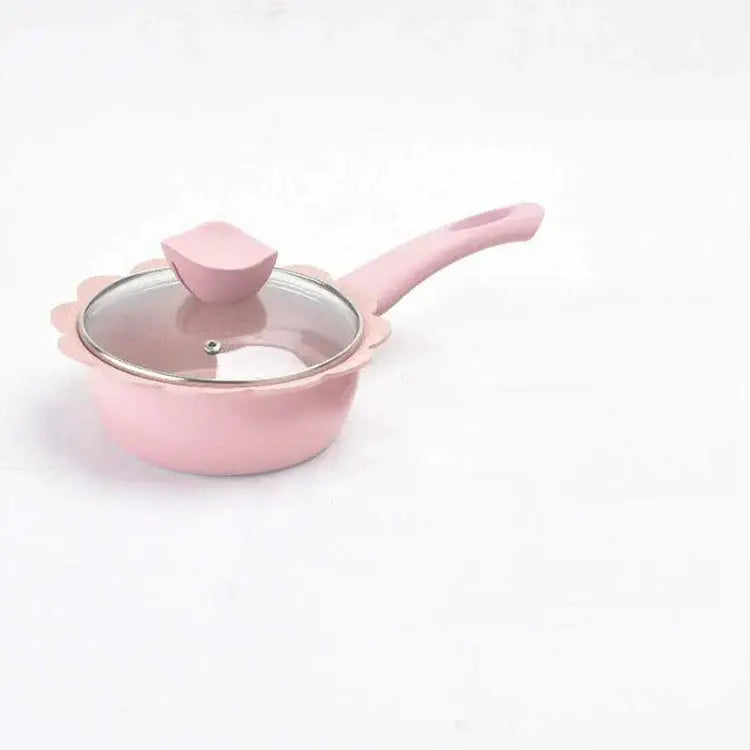 Pink floral-edged baby food pot with clear glass lid and silicone handle in baby food pot kitchen cookware set