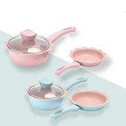 Flower edged pink and light blue baby food pot kitchen cookware set with glass lids for preparing baby food