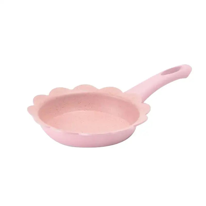 Pink flower-edged baby food pot with smooth non-stick surface and ergonomic handle for kitchen cookware set