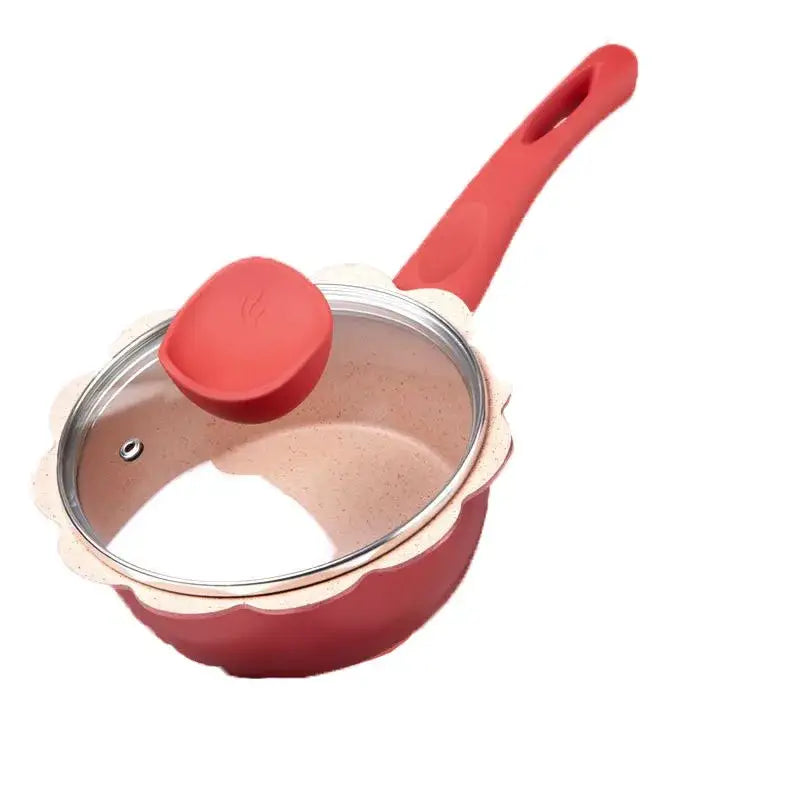 Red silicone-coated food pot with scalloped edge and matching lid from flower edged pink and light blue baby food set