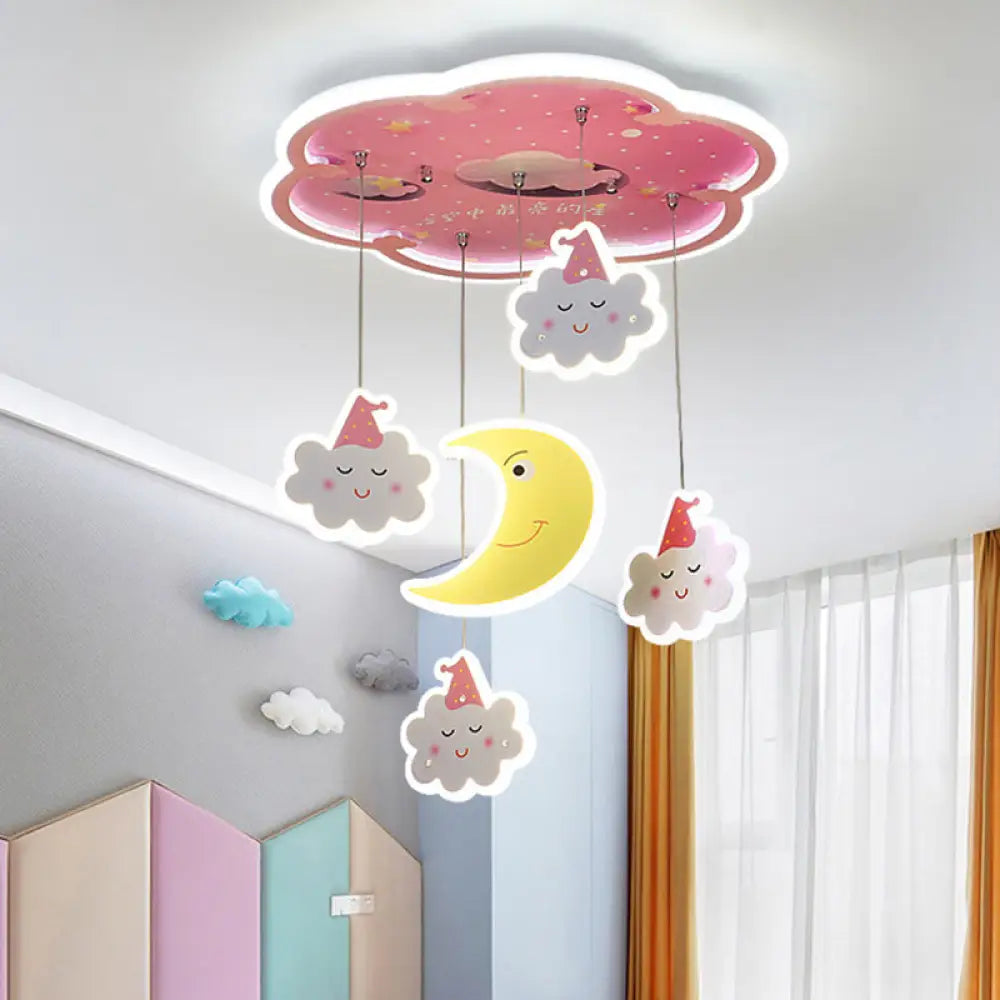 DecorBites™ DecorBites™ Flower Flushmount LED Ceiling Light with Sleeping Cloud and Moon - Pink Acrylic Cartoon Fixture