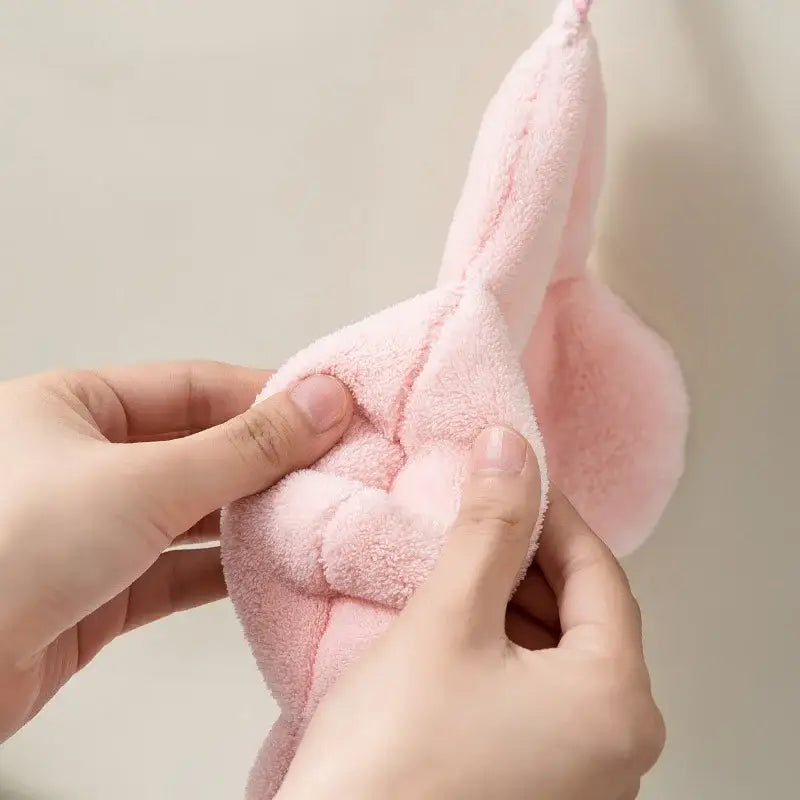 Pink plush bunny-shaped hair drying towel made of decorbites coral fleece hand towels for bathroom use