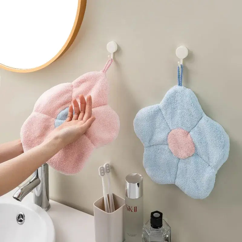 Flower shaped pink and light blue coral fleece hand towels with plush texture for bathroom decorbites coral fleece hand use