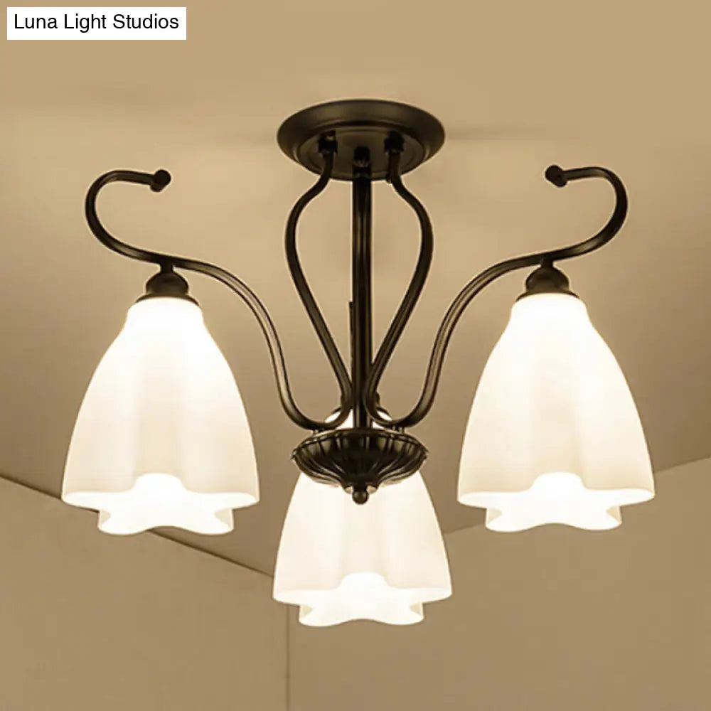 DecorBites™ Flower-Shaped White Glass Ceiling Light Fixture with 3/6/8 Lights for Classic Living Room Semi-Mount Lighting in Black