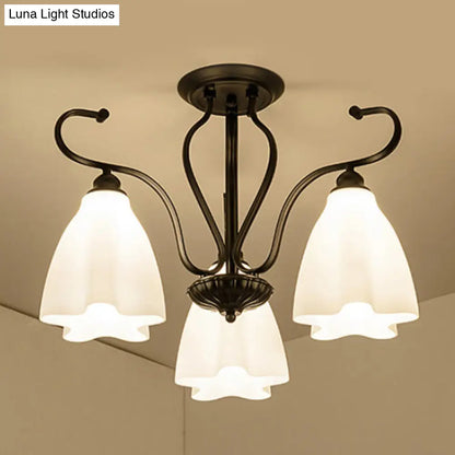 DecorBites™ Flower-Shaped White Glass Ceiling Light Fixture with 3/6/8 Lights for Classic Living Room Semi-Mount Lighting in Black