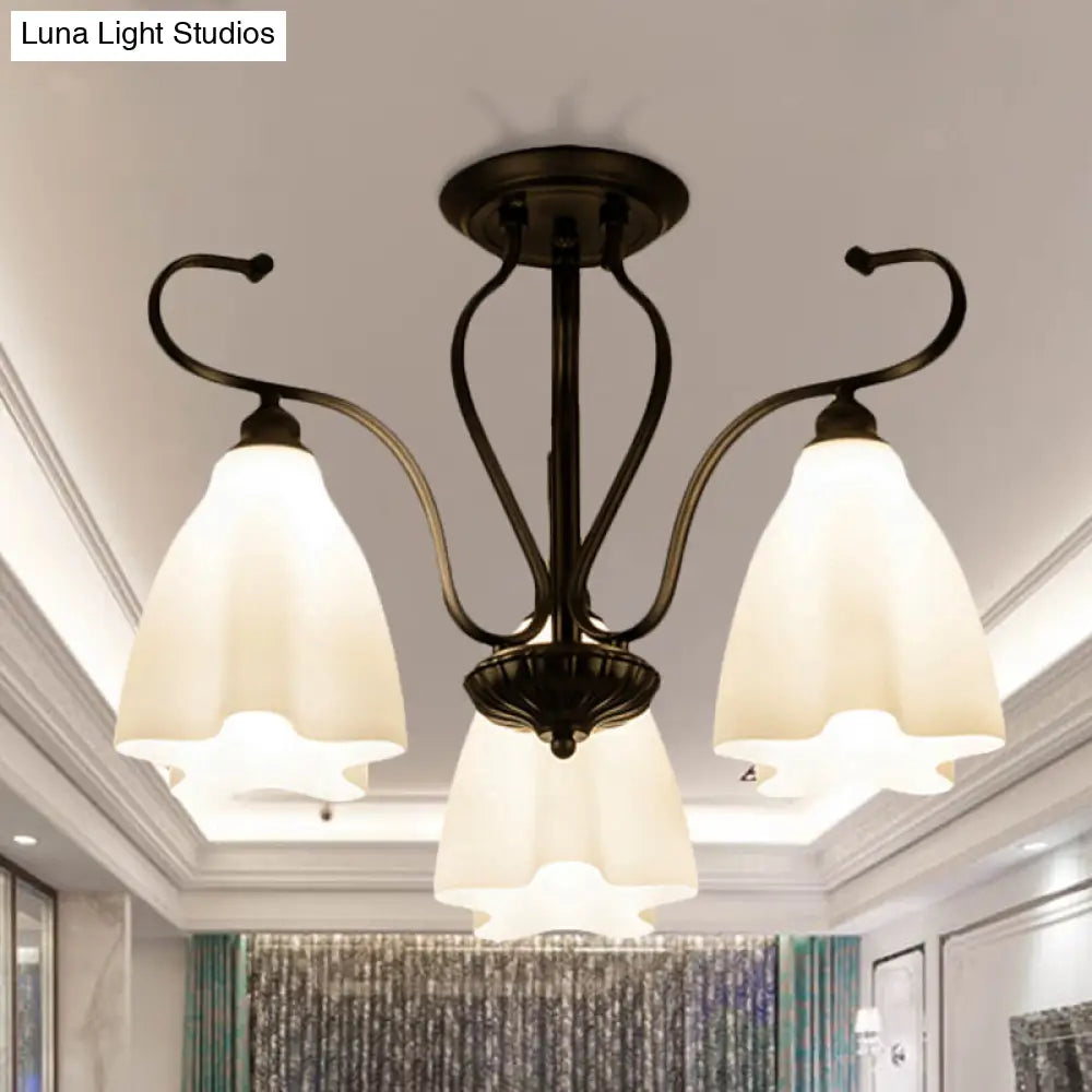 DecorBites™ Flower-Shaped White Glass Ceiling Light Fixture with 3/6/8 Lights for Classic Living Room Semi-Mount Lighting in Black