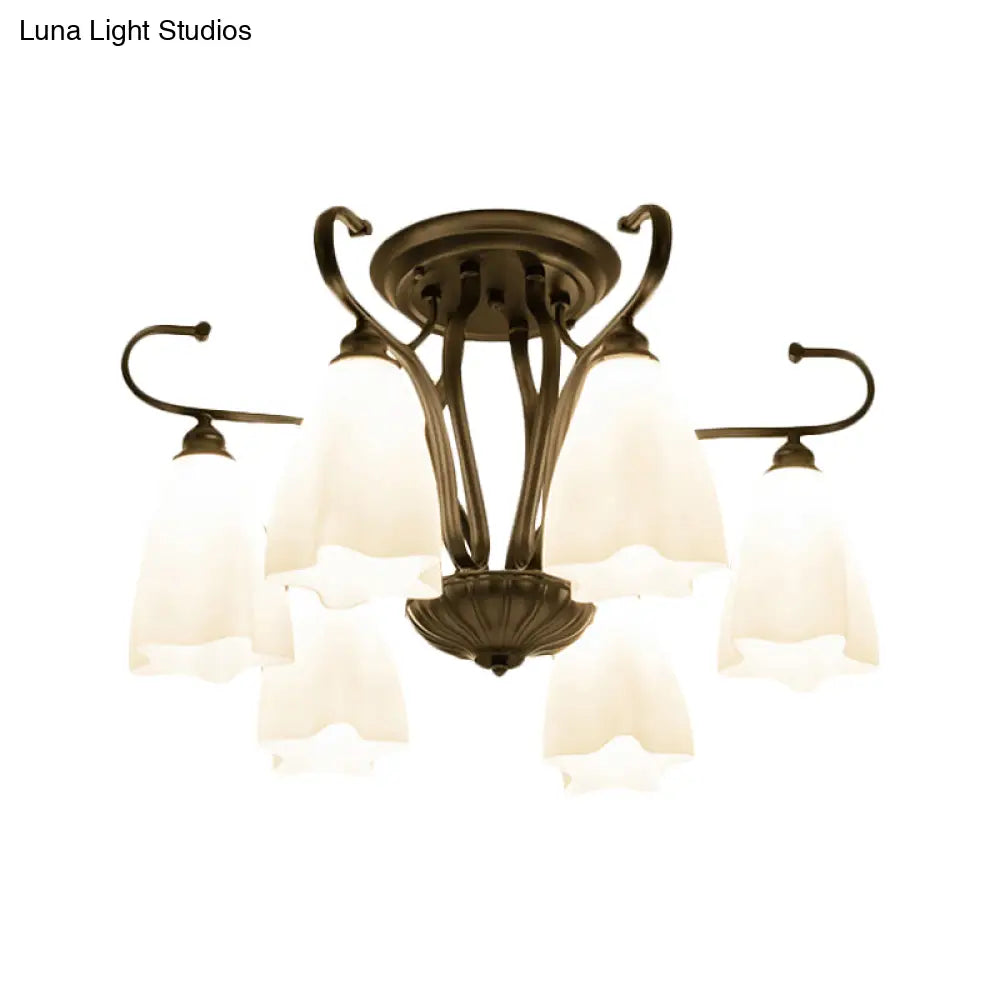 DecorBites™ Flower-Shaped White Glass Ceiling Light Fixture with 3/6/8 Lights for Classic Living Room Semi-Mount Lighting in Black