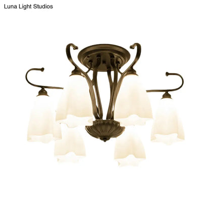 DecorBites™ Flower-Shaped White Glass Ceiling Light Fixture with 3/6/8 Lights for Classic Living Room Semi-Mount Lighting in Black