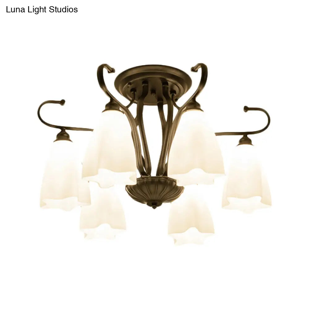 DecorBites™ Flower-Shaped White Glass Ceiling Light Fixture with 3/6/8 Lights for Classic Living Room Semi-Mount Lighting in Black