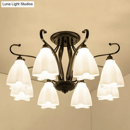 DecorBites™ Flower-Shaped White Glass Ceiling Light Fixture with 3/6/8 Lights for Classic Living Room Semi-Mount Lighting in Black