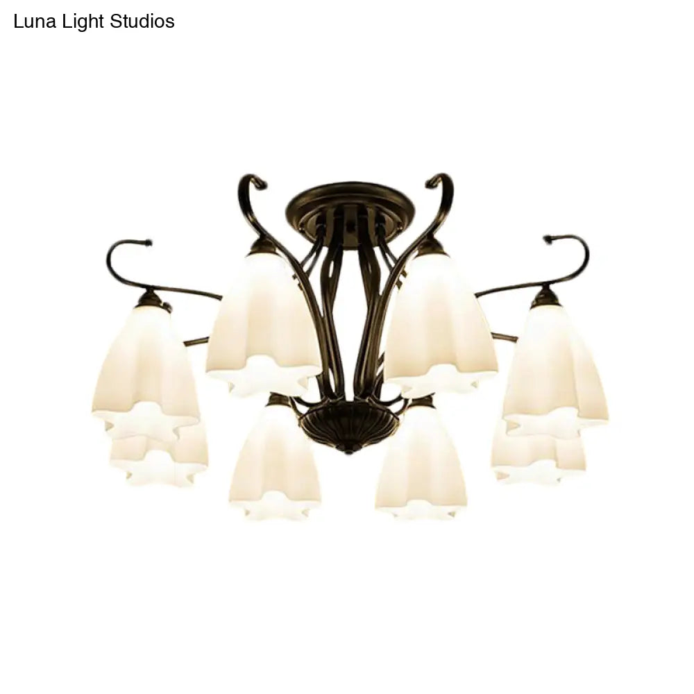 DecorBites™ Flower-Shaped White Glass Ceiling Light Fixture with 3/6/8 Lights for Classic Living Room Semi-Mount Lighting in Black