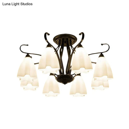 DecorBites™ Flower-Shaped White Glass Ceiling Light Fixture with 3/6/8 Lights for Classic Living Room Semi-Mount Lighting in Black