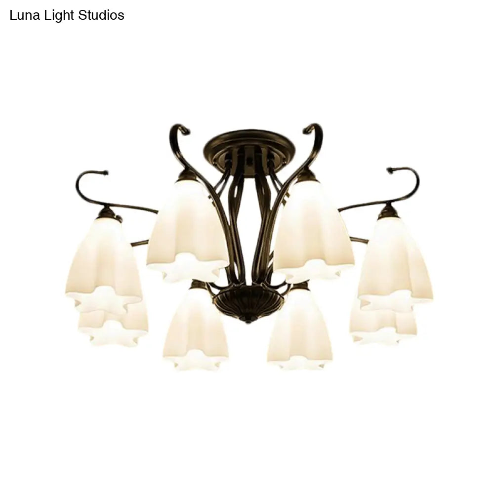 DecorBites™ Flower-Shaped White Glass Ceiling Light Fixture with 3/6/8 Lights for Classic Living Room Semi-Mount Lighting in Black