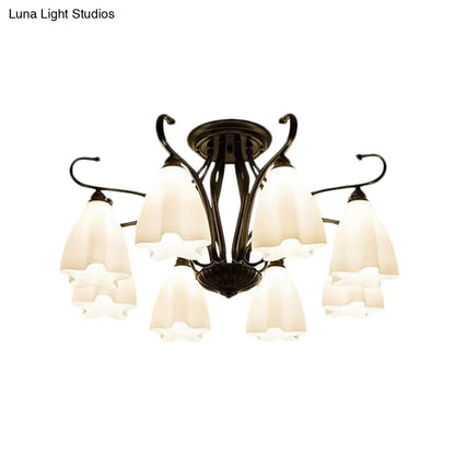 DecorBites™ Flower-Shaped White Glass Ceiling Light Fixture with 3/6/8 Lights for Classic Living Room Semi-Mount Lighting in Black