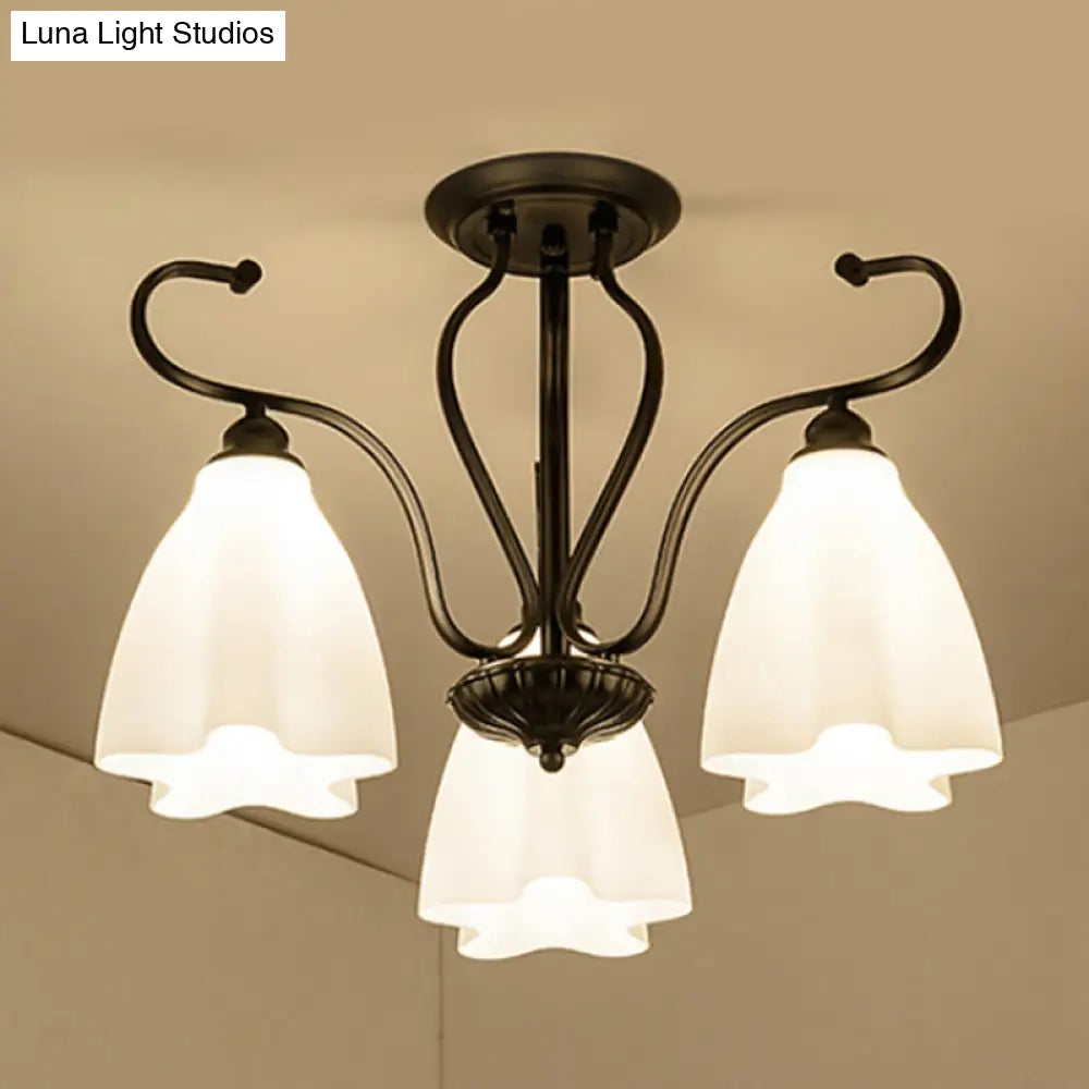 DecorBites™ Flower-Shaped White Glass Ceiling Light Fixture with 3/6/8 Lights for Classic Living Room Semi-Mount Lighting in Black