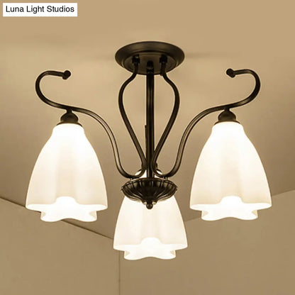 DecorBites™ Flower-Shaped White Glass Ceiling Light Fixture with 3/6/8 Lights for Classic Living Room Semi-Mount Lighting in Black
